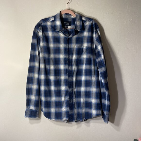 🔥 American Eagle Outfitters | Blue Plaid Seriously Soft Long-Sleeve Shirt M - Picture 2 of 5